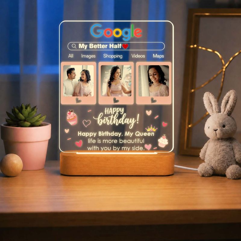 Personalized Google Page Theme Birthday Gift for Wife, Soulmate, Fiancée & Better Half – Warm Light Bedside Table Lamp with Wooden Stand Anniversary, Birthday & Valentine’s Day Gift